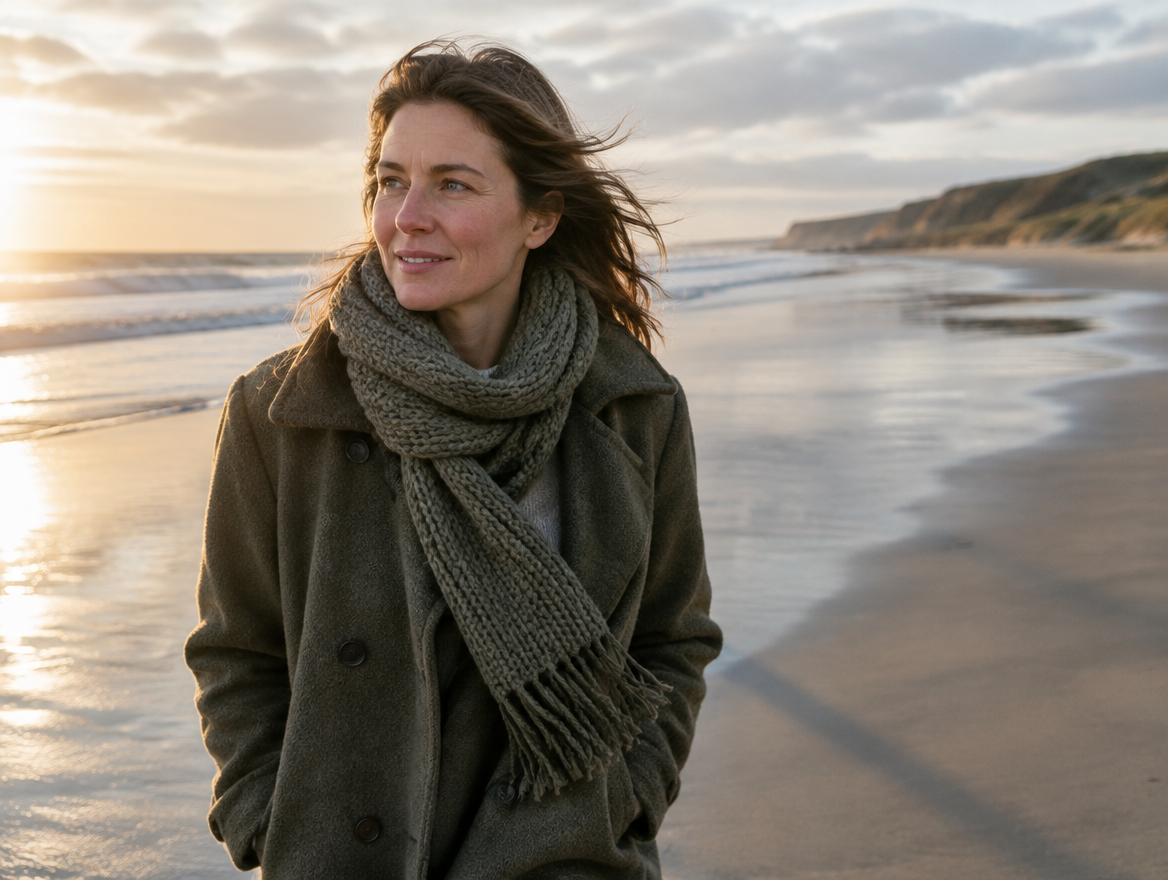 bright-eyed on a winter beach